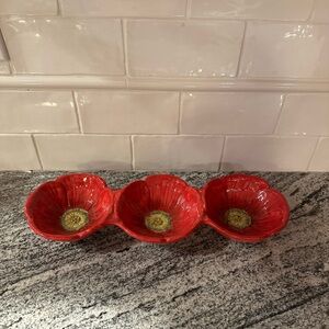 MAXCERA POPPIES POPPY SPLATTER Red Flowers 3 Section Relish Snack Serving Dish